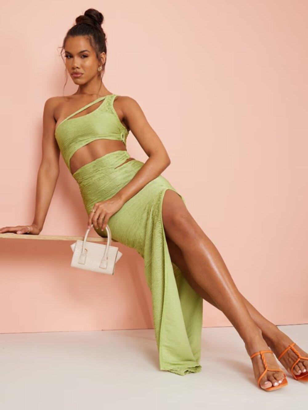 PLT Sage Green Textured One Shoulder Cut Out High Slit Midi Maxi Dress